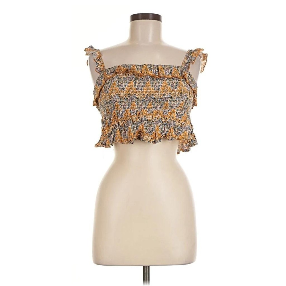 Natural Life Yellow Floral Smocked Ruffle Crop Top Peplum Tank Blouse Womens M